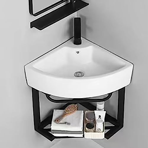 GLMGBP Eckwaschbecken zur Wandmontage, an der Wand montiertes Waschbecken, Kratz- und schmutzabweisendes Finish, Waschbecken mit Edelstahlgestell, Keramik-Waschbecken, für kleine Räume (Farbe: Weiß