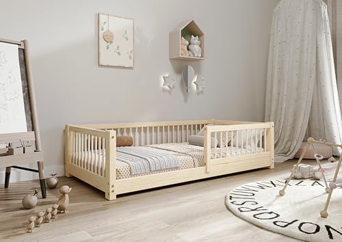 TIMBEE - Alfi Barnsäng - Våningssäng i trä - Skandinavisk säng med rundade kanter - Limmat furuträ klass 1 - Belastningskapacitet upp till 100kg - 70x140cm - Naturell omålad