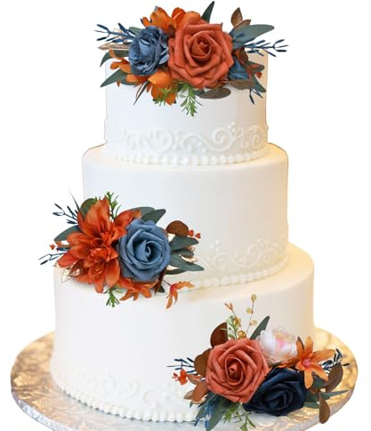 CherishedMoments 3Pcs Cake Topper Set, Wedding Artificial Flowers Decor Burnt Orange-Blue, Perfect for Wedding Ceremony, Anniversary, Parties & Photography | Terracotta & Blue Artificial Flowers,Cake Topper Set,Wedding Decor,Birthday,Baby Shower,Anniversary,Ceremony