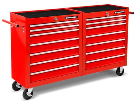EBERTH Werkstattwagen Werkzeugwagen Leer, 14 Schubladen, aus Metall mit Doppelwand, Rot Pulverbeschichtet, 2 Lenkrollen mit Bremse, Griff zum Lenken, Montagewagen Rollbar für Kfz Werkstatt
