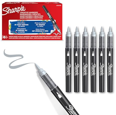 Sharpie Creative Marker Acrylic Paint Pens | Brush Tip Water-Based Paint Markers | Cool Grey | No-Bleed Ink Writes on Most Surfaces | Crafting & Art Supplies | 6 Count