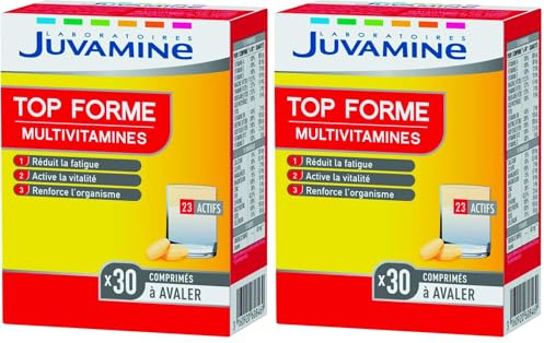 JUVAMINE Top forme, 12 Multivitamines & 10 Minéraux, Vitalité, Tonus, Aide à Réduire la Fatigue, Soutient l'Immunité, Programme de 1 Mois, 30 comprimés, Fabriqué en France (Lot de 2)