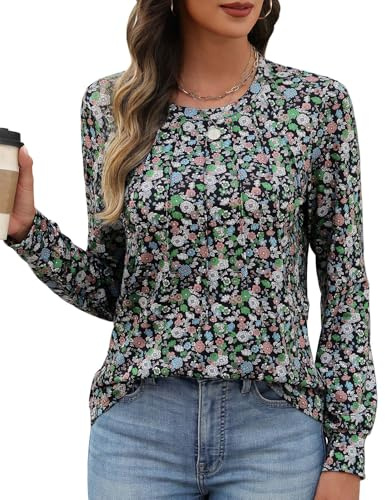PASUDA Camisas Mujer Manga Larga Blusas de Mujer Elegantes Cuello en Redondo Casual Camisetas Otoño Estampado Moda Floral Túnica Tops(Flores Verde Militar,L)