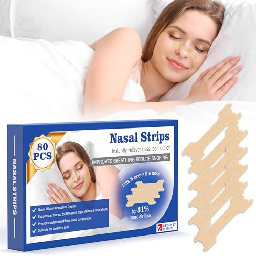 Nasal Strips 80 Pieces,Nose Strips for Breathing & Snoring Relief,Anti Snoring Strips Drug-Free,Relieve Blocked Nose Due to Colds or Allergies,for Better Sleep and Sports,Men & Women