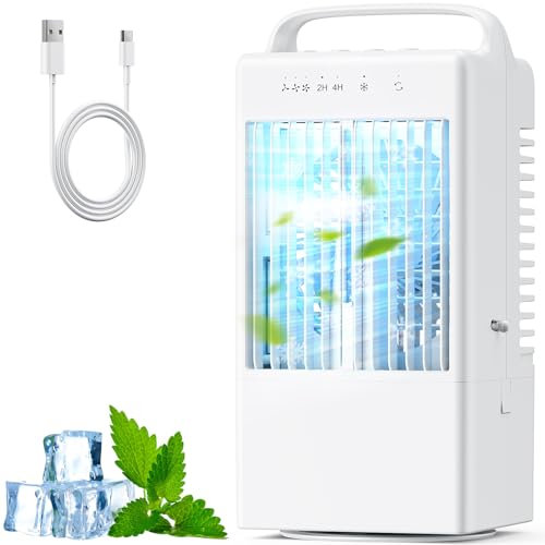Klimaanlage Mobil, Mobile Klimaanlage mit 900ml Wassertank, Ventilator mit 2/ 4h Timer, 3 Windgeschwindigkeiten & Sprühfunktion, 7 Farben Licht, Mini Luftkühler ideal für Schlafzimmer und Büro