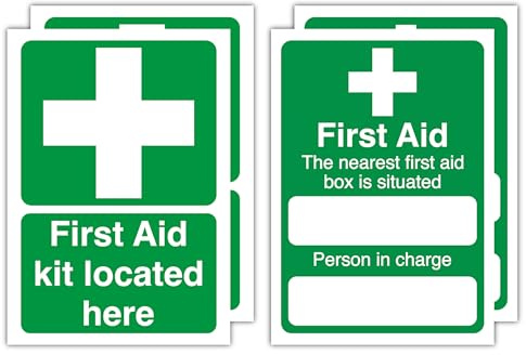 Confezione da 4 cartelli di pronto soccorso – 148 x 210 mm – First Aid Kit Located Here e The Nearest First Aid Box is Situated – Adesivi ed etichette in vinile impermeabili – Segnaletica per