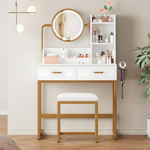 Tocador Con Iluminación LED, Espejo Giratorio HD, Enchufes Y Puerto USB, Incluye Taburete Y Patas Metálicas. 2 Cajones + 2 Estantes, Blanco. Dimensiones: 80 X 138,5 X 40 Cm,Gold