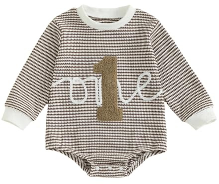 Geagodelia Baby Boy First Birthday Sweatshirt Romper 6-12 Months Striped Long Sleeve Number Embroidery Bodysuit 12-18 Months Infant Boys Jumpsuit 1st Birthday Outfit (Khaki, 12-18 Months)