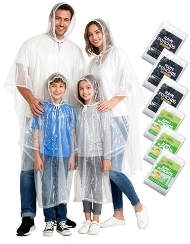 Hitituto Rain Ponchos Family Pack – Disposable Poncho for Kids&Adults with Drawstring Hood, Waterproof, Lightweight & Breathable, Clear & Assorted Colors – Emergency Raincoat for Travel, Theme Parks