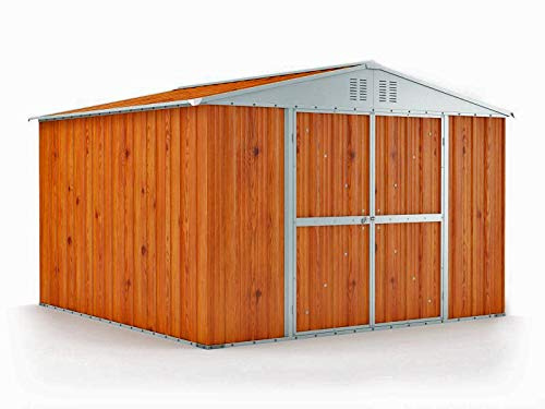 Box in Acciaio Zincato Casetta da Giardino in Lamiera 3.27 x 3.07 m x h2.17 m - 145 KG – 9,4 metri quadri (Finitura Legno)