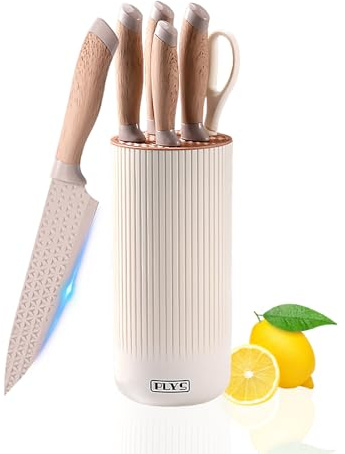 AVEKI Kitchen Knife Set, 6-Piece Cooking Knife Set with Round Knife Block, Sharp Khaki Stainless Steel Knife Sets, Professional Chef Knives for Home Restaurant Apartment (Khaki)