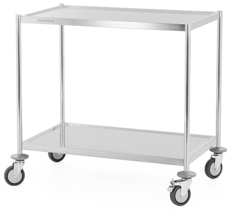 TECHNICA Servierwagen Edelstahl 2 Etagen | mit Rollen&Bremse ohne Griffe 860x540x810mm Rollwagen Küche Gastronomie Transportwagen leise&stabil Küchenregal schmal mobil