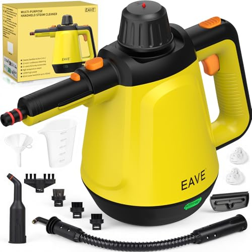 EAVE Vaporeta de Mano, 110℃ Limpiador a Vapor para una Limpieza Eficiente, Versátil Vaporeta con 10 Accesorios y Cable de 5m, Steam Cleaner para Sofás, Alfombras, Juntas y Grasa (Oro)