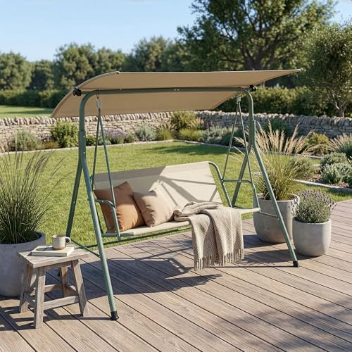 [en.casa] Balancín de Jardín Satten para 3 Personas Columpio para Exterior de 3 Plazas con Toldo Terraza Balcón Patio Resistente al UV y Agua 173 x 119 x 153 cm Acero - Verde Claro/Beige