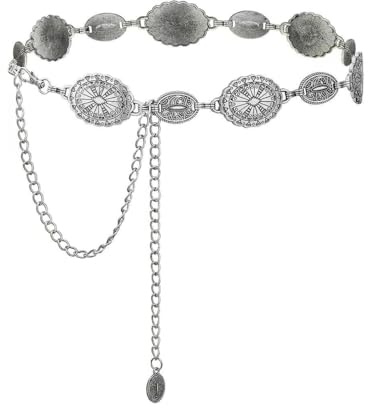 JYIXXZX Cintura Concho in Metallo Occidentale per Donna Cintura Boho Cowgirl Catena da Vita Vintage Regolabile in Argento e Oro Cinture Sottile Moda Cinture a Catena per Abiti Jeans (Argento 130)