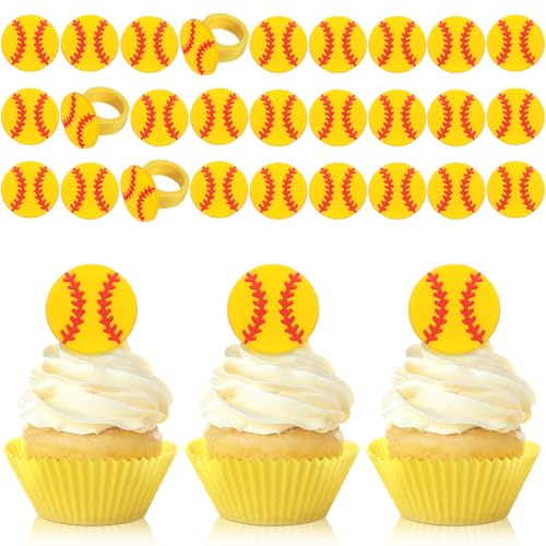 48 Stück Softball-Sport-Cupcake-Ringe, Dekoration, bunt, Softball-Thema, Cupcake-Picks, Sportball-Kuchendekoration für Babyparty, Kindergeburtstag, Party, Dessert, Tischzubehör