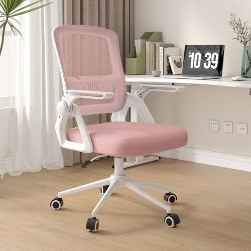 naspaluro Bürostuhl Ergonomisch mit Hochklappbare Armlehnen Rosa | Schreibtischstuhl , Drehstuhl mit Netzbespannung, Lordosenstütze, Höhenverstellbarer, Wippfunktion, Gepolstertem Sitzkissen
