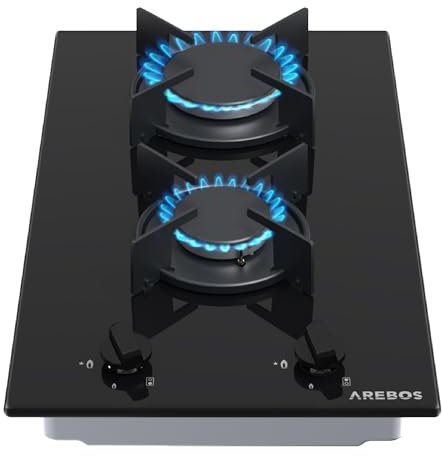 Arebos Placa de Gas Natural | Cocina de Gas | Vitroceramica 2 Fuegos | Incluye Rejilla y piloto de Seguridad | Placa Vitroceramica | Encimera de Gas