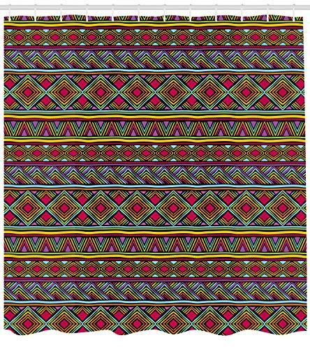 Ambesonne African Shower Curtain, Colorful Ethnic Diamond Motifs with Angled Lines Lively Palette Geometric Borders, Fabric Bathroom Decor Set with Hooks, 105 inches Extra Wide, Multicolor