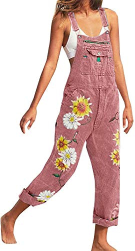 Lazutom Women's Loose Fit Floral Printed Casual Baggy Denim Bib Dungarees Overall