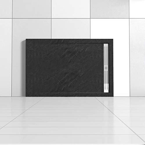 Piatto Doccia Rettangolare 90x100x3cm in Pietra Vulcanica e Resina Mista finitura Pietra Nera Ruvida Ultraslim Antiscivolo Antibatterico