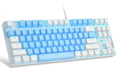 MageGee 75% Mechanical Gaming Keyboard, Blue Switch, LED Blue Backlit, 87 Keys Compact TKL Wired Keyboards for Windows Laptop PC Gamer - Blue/White