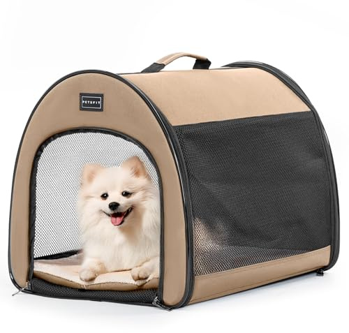 Petsfit Hundbur, ihopvikbart för små hundar och katter, bärbart och andningsaktivt hundbur för hemmet med välvd design, rumskennel hund hundsovbox med anti-öppen dragkedja och plyschkudde