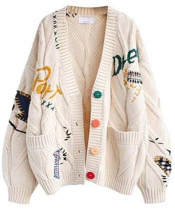 Cardigan pour Femmes à Manches Longues en Maille torsadée, Ouverture Devant, col en V en Forme de Mouton, Fermeture à Boutons, Pull Manteau en mélange de Laine avec Broderie, vêtement d’extérieur