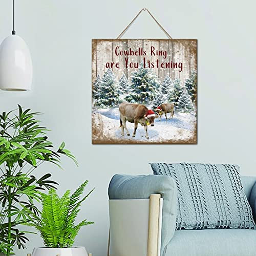 Lustige Holzschilder Kuhglocken Ring Are You Listening Niedliches Holzschild Zitat Bauernhaus Weihnachten Rinder Urlaub Bauer Wandkunst Motto Dekor Schilder für Tischkabine 30,5 x 30,5 cm