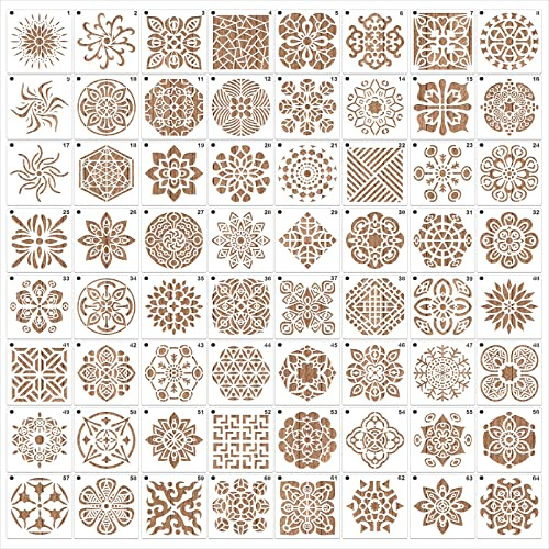 MWOOT 64 Pezzi Mandala Geometric Painting Stencils Paint Templates,DIY Plastic Disegno Stencil per Stencils,Riutilizzabile Pittura Modelli Arredo Tessuto Legno Mobili Tela Decorazioni(9x9 CM)