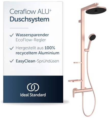 Ideal Standard Ceraflow Alu+ Duschsystem, Hergestellt aus 100% recyceltem Aluminium, Wassersparende Brause mit variablen Strahlarten und Verbrühschutz – Rosé (356x501x1113 mm)