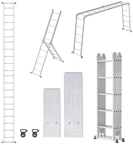 VA-Cerulean 5.5M Mehrzweckleiter, 4x5 Aluminium Vielzweckleiter mit Gerüstplatten, Klappleiter, Rutschfester Leiter max 150 kg Belastbarkeit, Silber