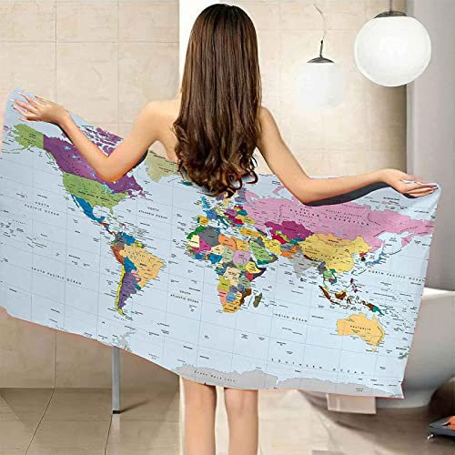 Strandtuch Groß Weltkarte 100x200 cm, 3D Bunt Badetuch Mikrofaser Handtücher, Strandhandtuch Schnell Trocknendes Sandfreies Badehandtuch, Saunatuch, Handtuch, Kinder, Damen, Herren, Strandtücher