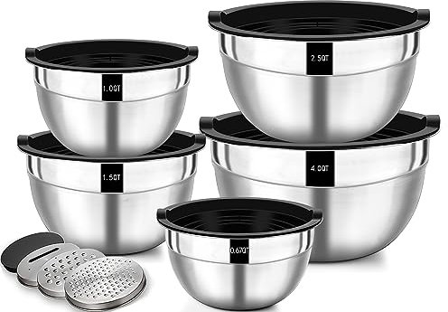 Wildone Cuencos para mezclar con tapas herméticas, 5 cuencos de acero inoxidable para almacenamiento de ensaladas, tamaño 4.5L, 2.7L, 1.6L, 1.1L, 0.7L, adecuados para mezclar, preparar y servir