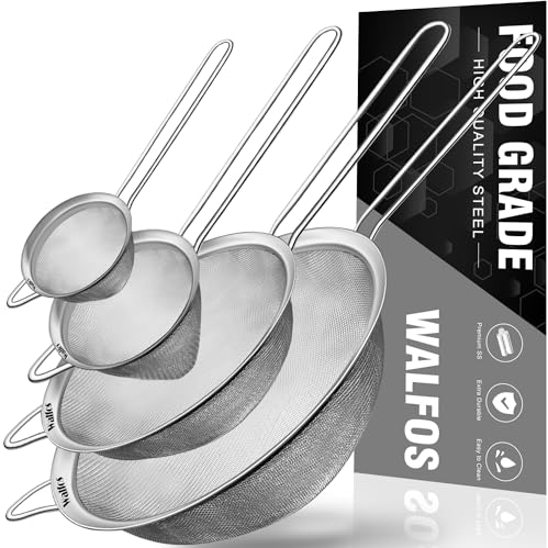Walfos Feinmaschiges Sieb, 4 Stück, vielseitiges Küchensieb mit Griff, 17,8 cm, 12,7 cm, 8,4 cm, 7,1 cm, feines Sieb, Edelstahl, Metallsieb und Siebe für Reis, Quinoa, Tee, Cocktail, Nudeln, Saft, 4