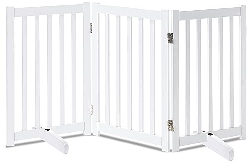 LZRS Wooden Free Standing Dog Gate 60 W x 30 H, Foldable Solid Hardwood Pet Safety Fence for House Doorways, Stairs, Hallways, Step-Over Pet Barrier, No Drill Easy Setup, White