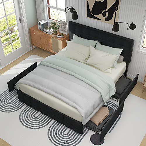 Tkopy Polsterbett Doppelbett 140X200, Bett mit Stauraum 4 Schubladen, Polsterbett mit Lattenrost und Kopfteil, Quadratisches Nähdesign, Stauraumbett Metalllattenstütze, Leinen (Schwarz, ohne Matratze)