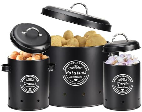 PAOORTS Gemüsedose Set mit 360° Belüftungssystem, Metall Bauernhaus Küche Behälter für Kartoffeln, Zwiebeln und Knoblauch für Aufbewahrung & Organisation