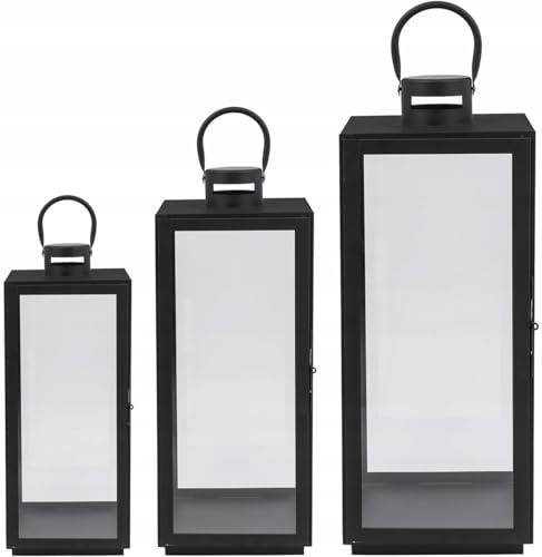 Laterne XXL Gartenlaterne aus Metall Windlicht Deko Kerzenhalter Kerzenleuchter Kerzenständerr für Outdoor Wohnzimmer Garten Balkon Innen Indoor Mattschwarze Farbe mit Glaswänden (F270)