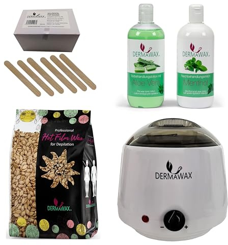 Dermawax Profi vaxset för hårborttagning, 1 000 ml vaxvärmare, tillverkad i Spanien, 1 kg guldvaxpärlor 500 ml aloe vera förbehandlingslotion 500 ml mentol, efterbehandlingsmjölk, 200 stycken