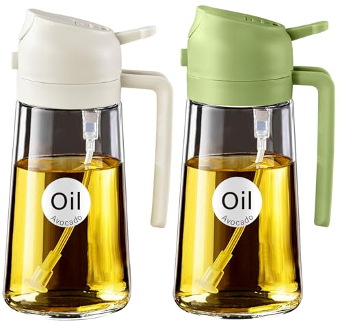 YARRAMATE 2Pcs 16oz/470ml 2 in 1 Oil Sprayer for Cooking with Stickers, Food-grade Glass Oil Spray Bottle, Oil Dispenser and Oil Sprayer for Kitchen, Salad, Frying, BBQ (White & Green)