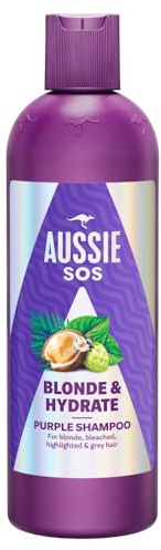 Aussie SOS Blonde & Hydrate Champú Morado 300ml Para Pelo Decolorado, Con Mechas Y Canas. Neutraliza Los Tonos Cobrizos Y Amarillos En Cabello Rubio, Con Reflejos Y Canas. Más Brillo Y Suavidad