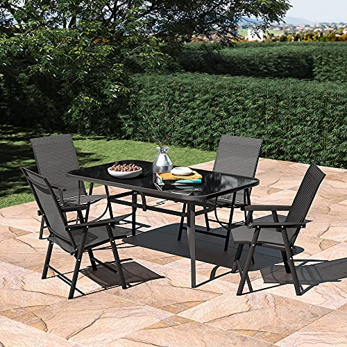 The Fellie Garden Furniture Set Outdoor Dining Table and Chairs 150cm Rectangle Patio Tempered Glass Table Top with Umbrella Hole Foldable Chairs 4 Seats（150cm Rectangle Table+4PC Chair）