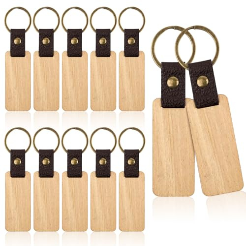 12 Stück Schlüsselanhänger Holz Personalisiert,Blanko Leder Schlüsselringe | für Lasergravur ,DIY Verschiedene Schlüsselanhänger