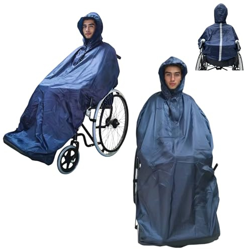 Fonakei Poncho de fauteuil roulant pour adulte – Poncho de pluie imperméable pour homme, extra long avec bord élastique, idéal pour fauteuil roulant, couleur marine, housse de pluie parfaite et housse