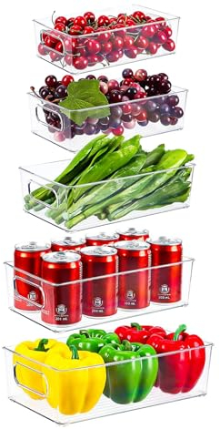 Kühlschrank Organizer, 5er Set (5 Größe) Küchen Organizer mit seitliche Griffe, Stapelbare Aufbewahrungsbox für Speisekammer, Gefrierschrank, Schrank, Schublade, Büro