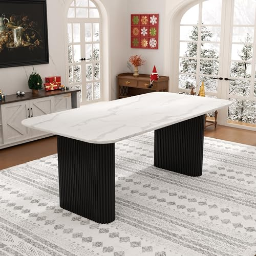 HAIZAO 70.9“ Modern Marble Oval Dining Table for 4-6, Cream Style Rectangle Kitchen Table with Solid Wave Legs, Large Accent Dining Table for Kitchen, Dining Room, Meeting Room, Easy to Assemble