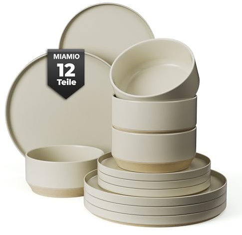 MIAMIO - Set di stoviglie per 4 persone/Set di stoviglie in pietra da 12 pezzi in beige/Lavastoviglie e microonde - Collezione Sierra (chiaro, (12x))