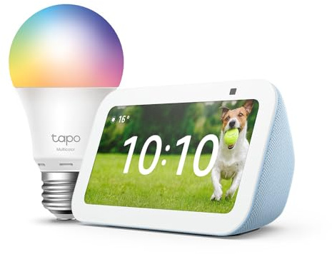 Echo Show 5 (3e génération) | Bleu-gris + Tapo L530EA ampoule connectée LED (E27), Fonctionne avec Alexa - Kit de démarrage Maison connectée