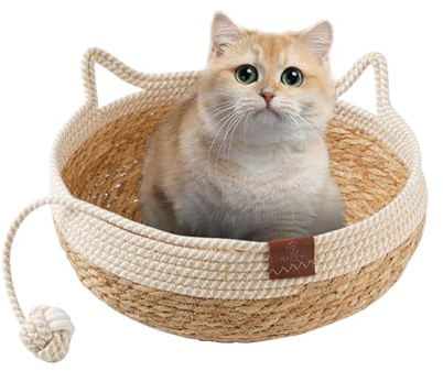 Maisly Natürliches Katzenbett Stroh Nest Woven Pet House, All-Season Haustier Bett mit einem spielenden Ball für Katzen & kleine Hunde bis zu 22lbs, Rund